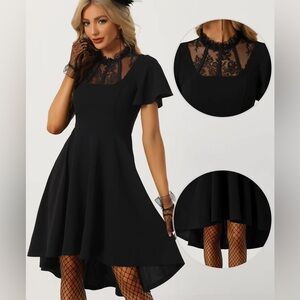 Flutter Sleeve Lace Mesh Hight Neck Casual Midi Dress